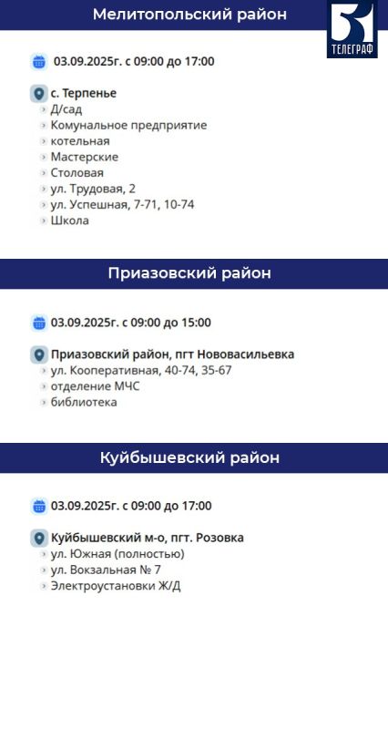 График отключения электроэнергии в Запорожской области на 3 сентября График отключения электроэнергии в Запорожской области на 3 сентября