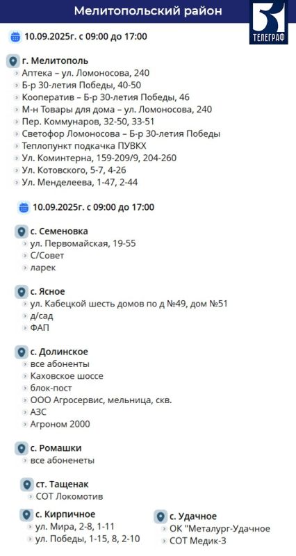 График отключения электроэнергии в Запорожской области на 10 сентября График отключения электроэнергии в Запорожской области на 10 сентября