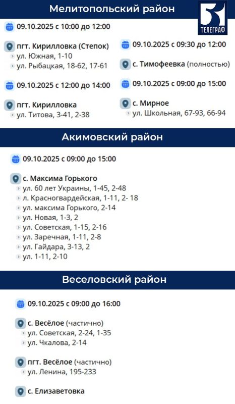 График планового отключения электроэнергии на 9 октября