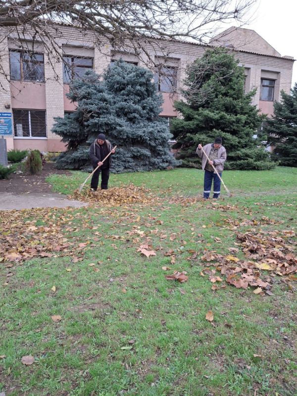 Уборка листвы. Сотрудники МБУ «Жилсервис» продолжают поддерживать чистоту и порядок на территории Новониколаевского отдела: проведены работы по уборке опавшей листвы