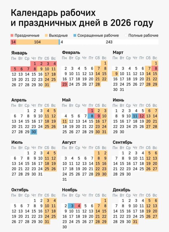 Календарь рабочих и праздничных дней в 2026 году