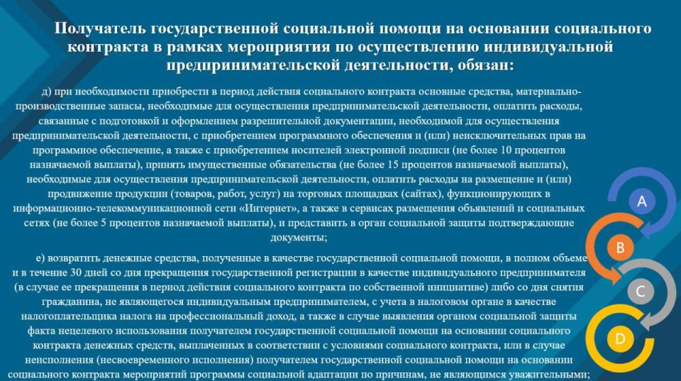 Вся необходимая информация о предоставлении государственной социальной помощи на основании социального контракта по мероприятию "Осуществление индивидуальной предпринимательской деятельности" - на наших карточках! ... Вся необходимая информация о предоставлении государственной социальной помощи на основании социального контракта по мероприятию "Осуществление индивидуальной предпринимательской деятельности" - на наших карточках! ...