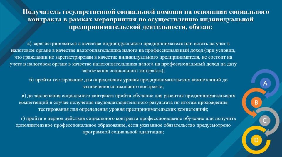 Вся необходимая информация о предоставлении государственной социальной помощи на основании социального контракта по мероприятию "Осуществление индивидуальной предпринимательской деятельности" - на наших карточках! ... Вся необходимая информация о предоставлении государственной социальной помощи на основании социального контракта по мероприятию "Осуществление индивидуальной предпринимательской деятельности" - на наших карточках! ...