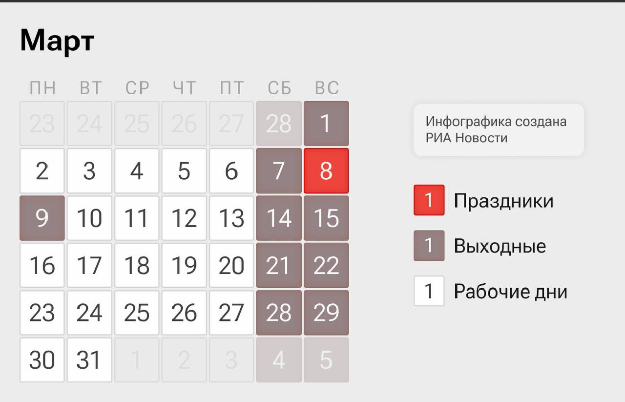В начале марта россиян ждут длинные выходные