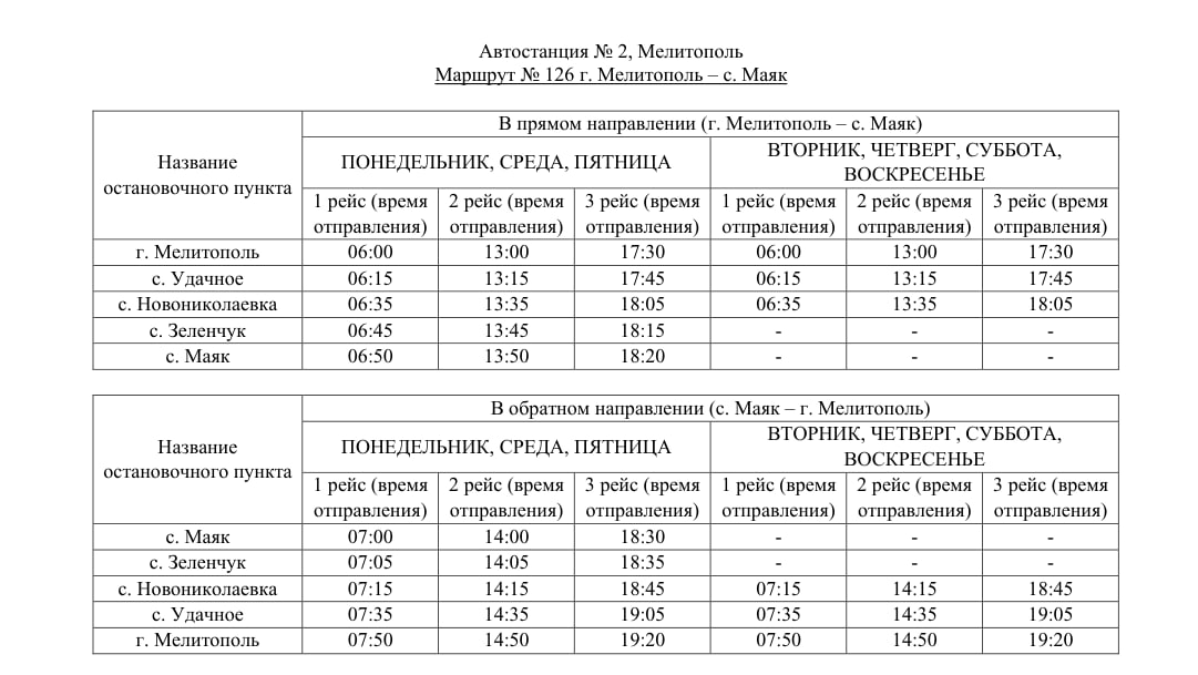 Важная информация для пассажиров маршрута « город Мелитополь — село Маяк»