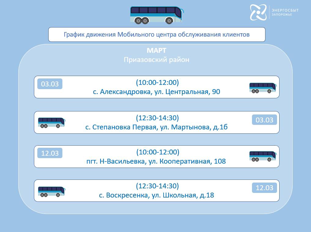 График работы мобильного офиса «Энергосбыт Запорожье» на март 2026 года График работы мобильного офиса «Энергосбыт Запорожье» на март 2026 года