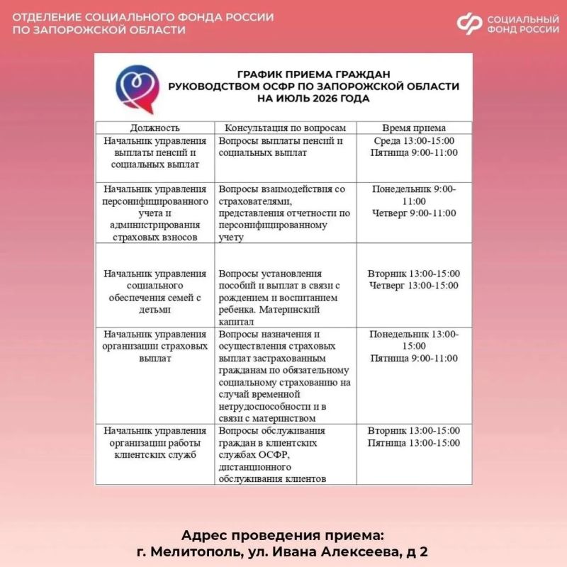 График приема граждан из Запорожской области руководством регионального Отделения СФР в июле График приема граждан из Запорожской области руководством регионального Отделения СФР в июле